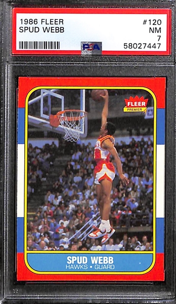 1986-87 Fleer Basketball - (2) Karl Malone #68 (PSA 7 and PSA 5) and (3) Spud Webb #120 (PSA 7, PSA 7, PSA 7.5)