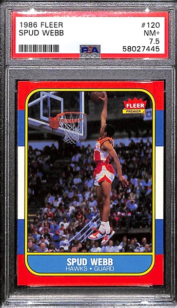 1986-87 Fleer Basketball - (2) Karl Malone #68 (PSA 7 and PSA 5) and (3) Spud Webb #120 (PSA 7, PSA 7, PSA 7.5)