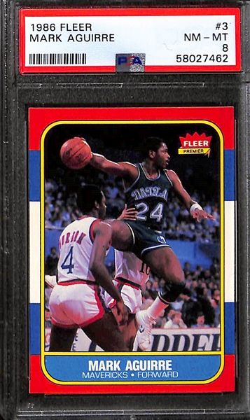 1986-87 Fleer Basketball PSA 8 Lot (3) - Chris Mullin #77, Moses Malone #69, Mark Aguirre #3