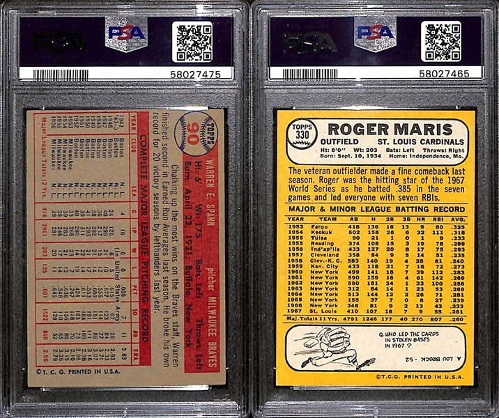 1957 Topps Warren Spahn #90 (PSA 6) & 1968 Topps Roger Maris #330 (PSA 7)