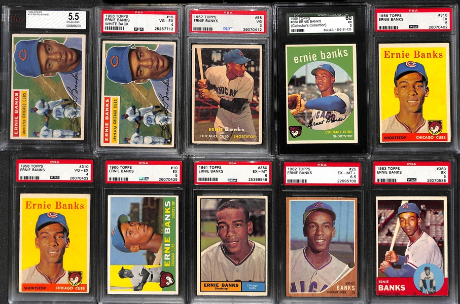 Lot of (10) Mostly PSA Graded Ernie Banks 1950s and 60s Baseball Cards
