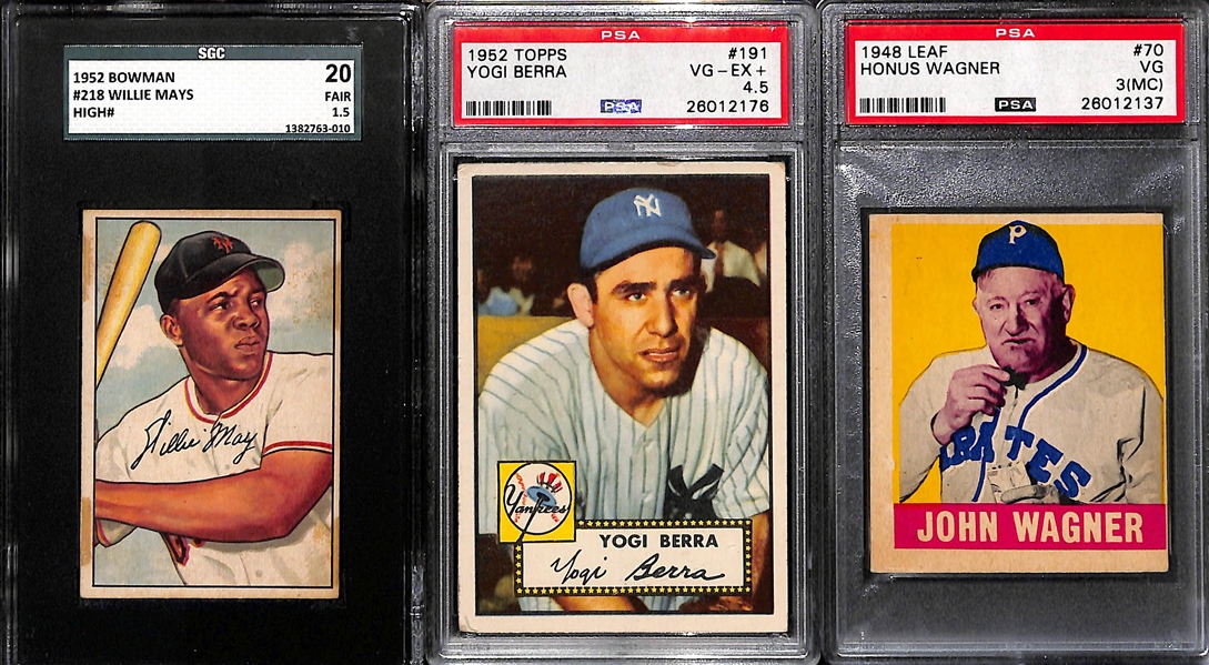 Lot of (3) Graded Baseball Greats Feat. 1952 Bowman Willie Mays, 1952 Yogi Berra and 1948 Leaf Honus Wagner