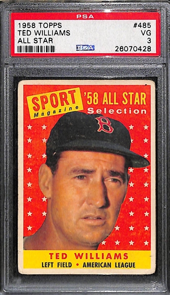 Lot of (2) PSA Graded Ted Williams Baseball Cards w. 1958 Topps All Star PSA 3 and 1969 Topps PSA 7