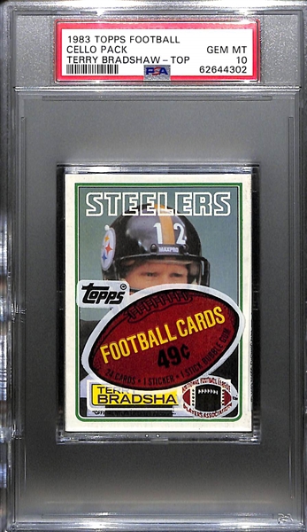 1983 Topps Football Cello Pack w. Terry Bradshaw on Top Graded PSA 10 (Pop 2)