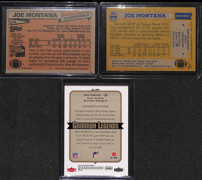 Lot of (3) Football Cards Featuring 1981 Joe Montana Rookie Card and Dan Marino Game Used Patch 
