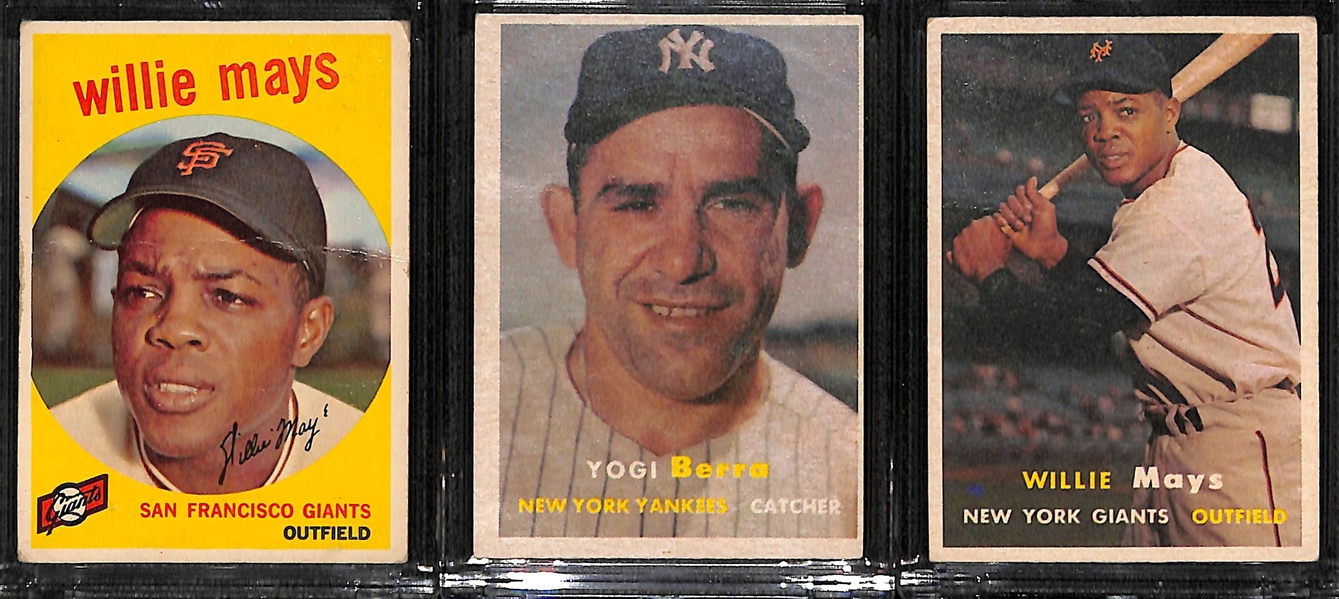 Lot of (3) 1950s Topps Baseball Card w. 1957 Willie Mays and Yogi Berra, and 1959 Willie Mays