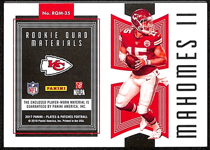 2017 Panini Plates & Patches Patrick Mahomes Rookie Emerald Quad 3-Color Patch Card #ed 6/10