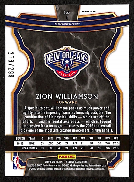 2019-20 Select Zion Williamson #1 Rookie Light Blue Prizm #ed 273/299 (Concourse Level)