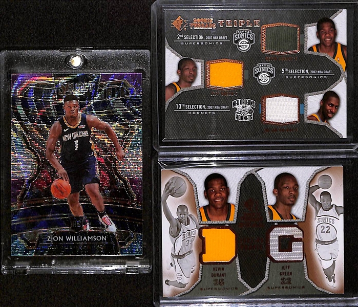 2019-20 Select Zion Williamson Rookie Tri-Color Prizm Card & (2) 2007-08 Kevin Durant Rookie Jersey Cards 