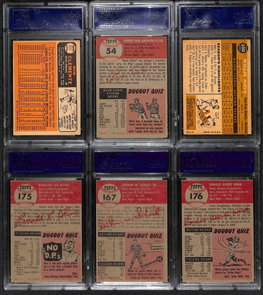 Lot of (6) PSA Graded Mostly 1950s and 1960s Topps Baseball Cards Feat. Bob Feller, Clemente, and Mays