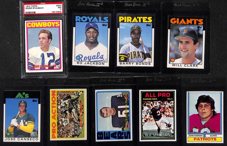 Lot of (9) 1970s and 1980s Topps Football and Baseball feat. Top Rookies from the 1986 Topps Traded Set and 1972 Roger Staubach Rookie PSA 7