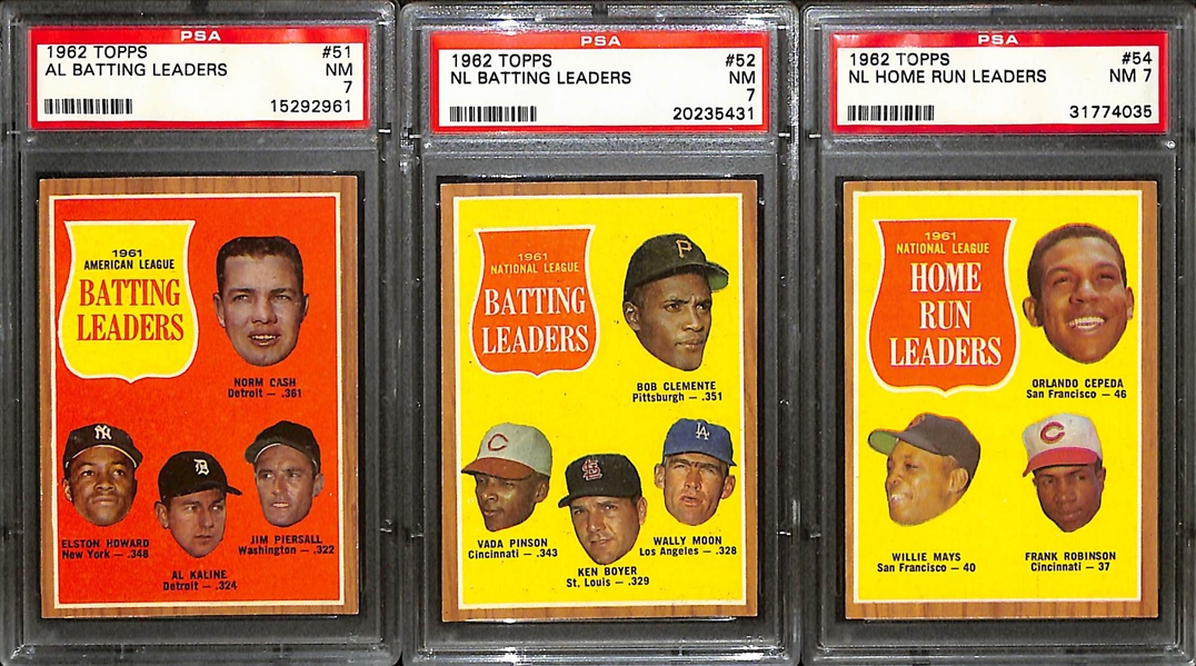 Lot of (9) 1962 Topps Graded AL and NL Leaders Baseball Cards (All Graded PSA 7 or Higher)