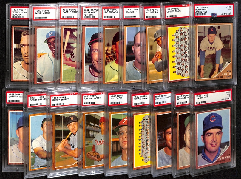 Lot of (18) 1962 Topps Baseball All Graded PSA 7 w. Ron Santo (2nd Year), and Giants Team