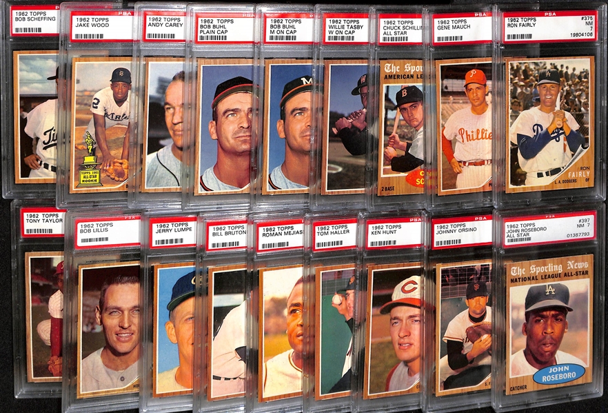 Lot of (17) 1962 Topps Baseball All Graded PSA 7 w. Ron Fairly and Gene Mauch