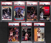 Basketball Graded Lot w. 1975 M. Malone Rookie PSA 7, 1986 Fleer K. Malone Rookie PSA 6, (2) Shaquille ONeal Rookies (Both PSA 9), and (3) Michael Jordan Cards (PSA 6-7)