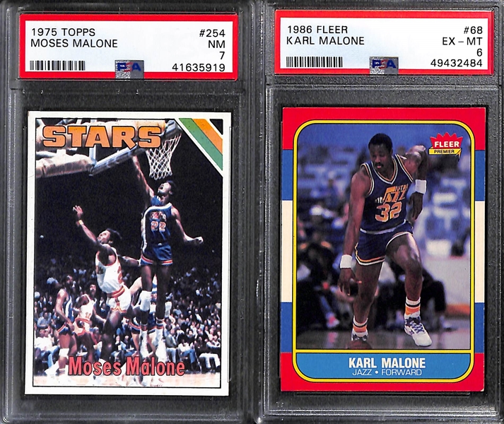 Basketball Graded Lot w. 1975 M. Malone Rookie PSA 7, 1986 Fleer K. Malone Rookie PSA 6, (2) Shaquille O'Neal Rookies (Both PSA 9), and (3) Michael Jordan Cards (PSA 6-7)