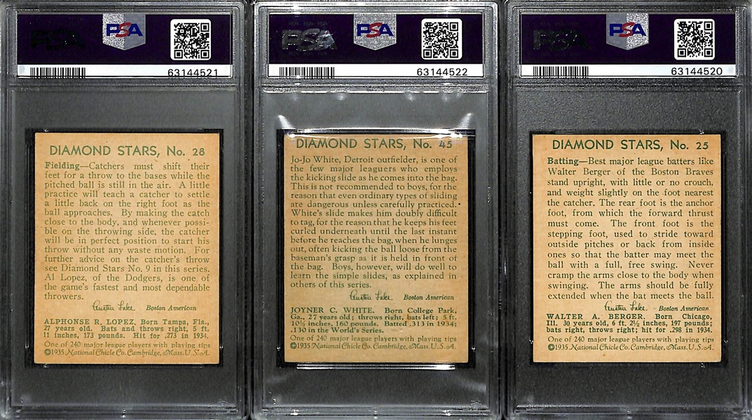 (3) Graded 1935 Diamond Stars Cards - Al Lopez PSA 5, Jo Jo White PSA 3, Walter Berger PSA 4