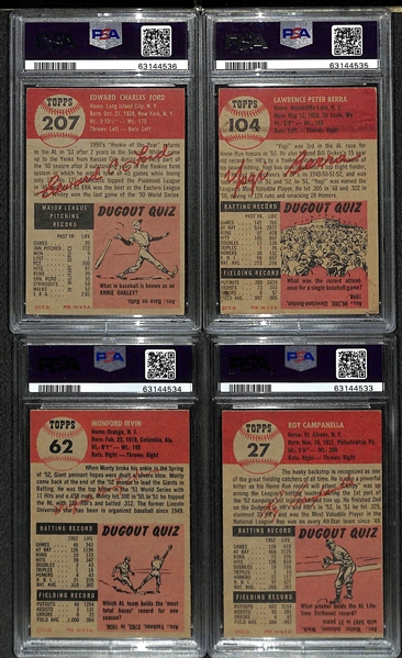 (4) 1953 Topps Graded Cards - Ford PSA 3, Berra PSA 5(MC), Irvin PSA 5, Campanella PSA 5