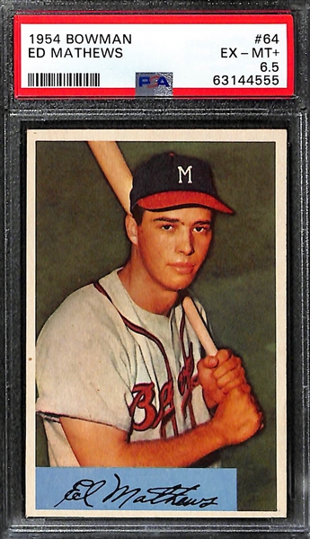 (3) 1954 Bowman Graded Cards - (2) Eddie Mathews #64 Cards - Both PSA 6.5, Phil Rizzuto PSA 5