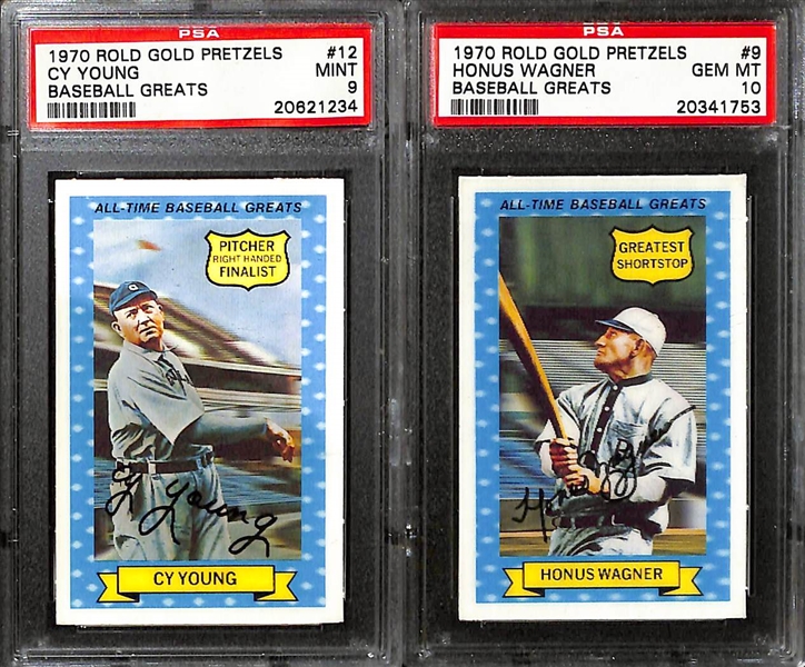 Lot of (6) Mostly PSA Graded 1970s Rold Gold Pretzels Baseball Greats w.  Wagner, Young, Traynor, Gehrig, and Cobb 