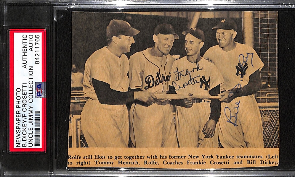 PSA Encapsulated Newspaper Photo w. Autographs From Former New York Yankees Coaches Frankie Crosetti and Bill Dickie  from the Uncle Jimmy Collection