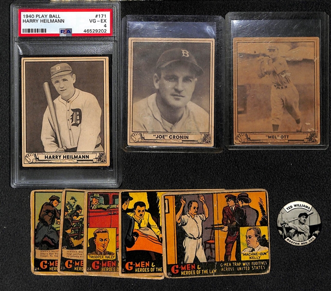 Lot of (25+) Vintage Sports and Non Sports w. 1940 Play Ball  Joe Cronin, War Bulletin, G-Men, Scoops Cards and More!