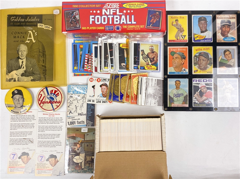 Mixed Sports Lot w. 1950s and 60s Baseball feat Mays and Berra, Mickey Mantle Post Card, 1990 Score and Fleer Football Complete Sets, 1985 Hulk Hogan Rookie and More