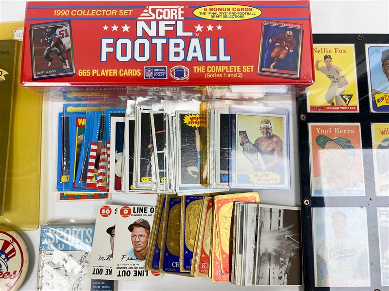 Mixed Sports Lot w. 1950s and 60s Baseball feat Mays and Berra, Mickey Mantle Post Card, 1990 Score and Fleer Football Complete Sets, 1985 Hulk Hogan Rookie and More
