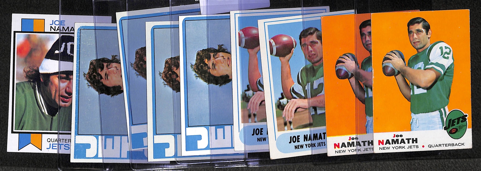 Lot of (9) 1960s and 70s Joe Namath Topps Football Cards Feat. (2) 1968