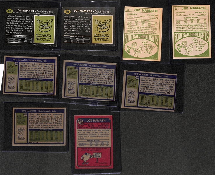 Lot of (9) 1960s and 70s Joe Namath Topps Football Cards Feat. (2) 1968