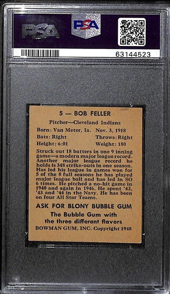 1948 Bowman Bob Feller (HOF) #5 Rookie Card Graded PSA 4 VG-EX
