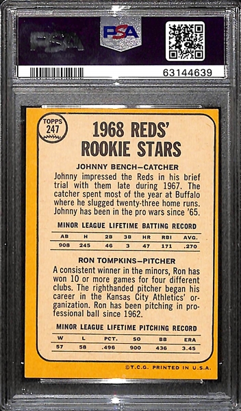 1968 Topps Johnny Bench (HOF) #247 Rookie Card Graded PSA 7 NM