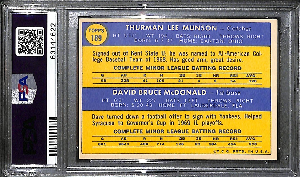 1970 Topps Thurman Munson #189 Rookie Card Graded PSA 7.5 NM+