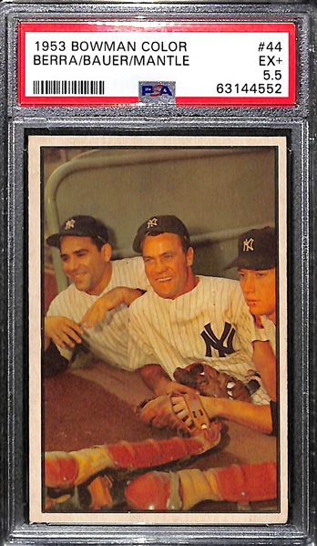 1953 Bowman Color #44 Mickey Mantle, Yogi Berra, Hank Bauer Graded PSA 5.5 EX+
