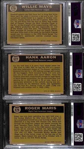 (3) 1961 Topps All-Stars - Willie Mays #579 PSA 6, Hank Aaron #577 PSA 5.5, Roger Maris #576 PSA 6