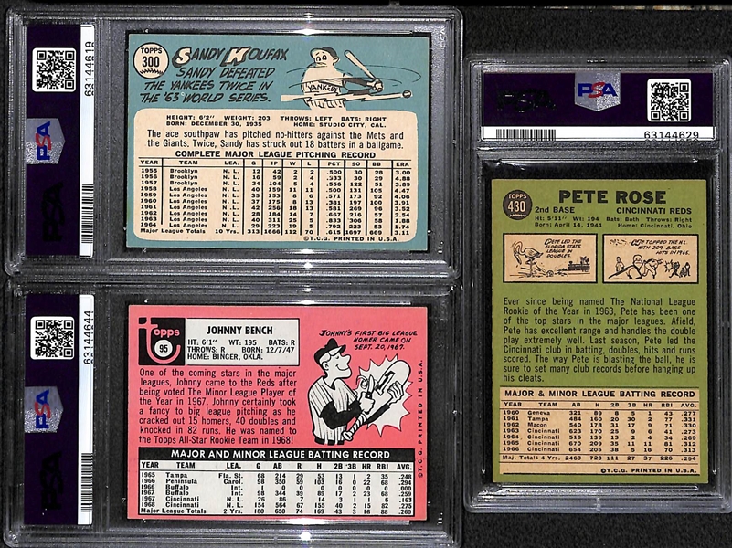 Graded Card Lot - 1965 Sandy Koufax #300 PSA 6, 1966 Pete Rose #430 PSA 6, 1969 Johnny Bench #95 PSA 6