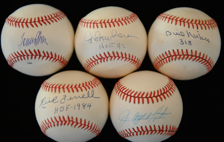 Lot of (5) Signed Baseballs - Catfish Hunter, Rick Ferrell, Phil Niekro, Tommy John, Hal Newhouser (JSA Auction LOA)