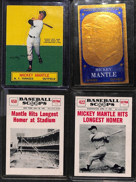 (4) Mickey Mantle Cards w. 1964 Topps Baseball Stand-Ups, 1965 Topps Embossed and (2) 1961 Baseball Scoops