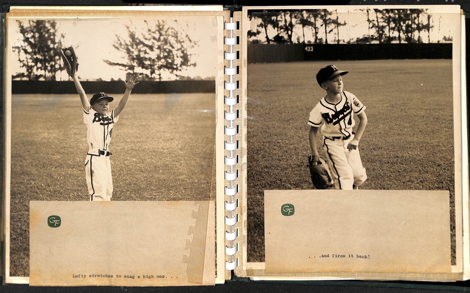 Lefty Miller's (Braves Bat Boy) Original Braves Autograph Album & 10 Wire Photos & 2x3 Photo of Miller w. Aaron (JSA Auction Letter)