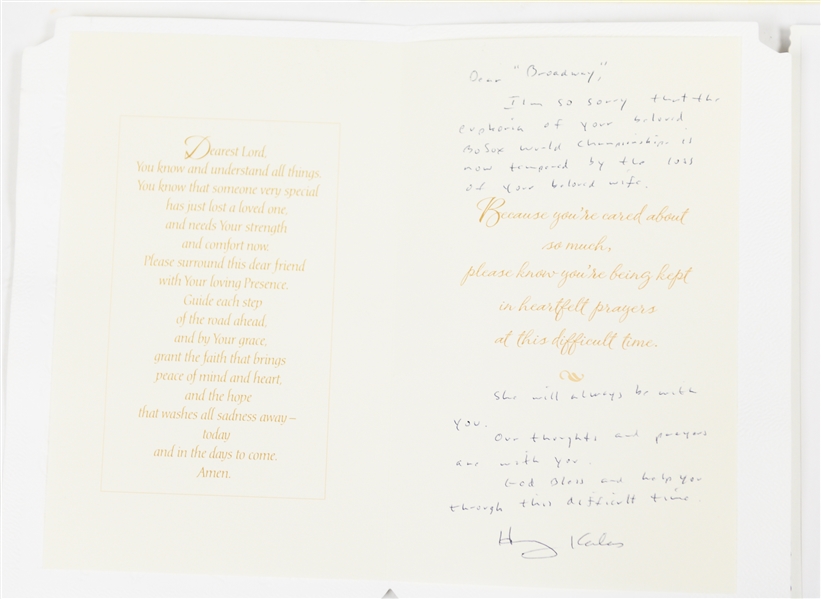 (8) Signed Items From Broadway Charlie Wagner's Estate, Inc. Carlton Fisk (Sympathy Card), Harry Kalas (Sympathy Card), Boo Ferriss (Letter), & Charlie Wagner Autographs (JSA Auction Letter)