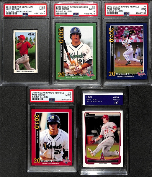 Lot of (5) Mike Trout Cards - Inc. 4 PSA Graded Rookies from 2010 (3 Cedar Rapids PSA 9 Cards, 2010 Obak National Promo PSA 9)