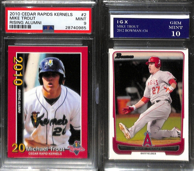 Lot of (5) Mike Trout Cards - Inc. 4 PSA Graded Rookies from 2010 (3 Cedar Rapids PSA 9 Cards, 2010 Obak National Promo PSA 9)