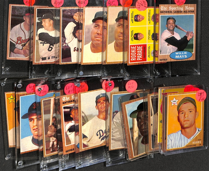 Lot of (19) 1962 Topps Baseball Cards with Lou Brock and Gaylord Perry Rookies, Clemente, Aaron and Many More Stars