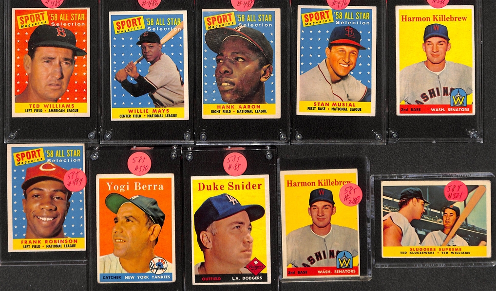 Lot of (20+) 1958 Topps Baseball Stars w. Ted Williams, Willie Mays, Hank Aaron, Stan Musial and Others