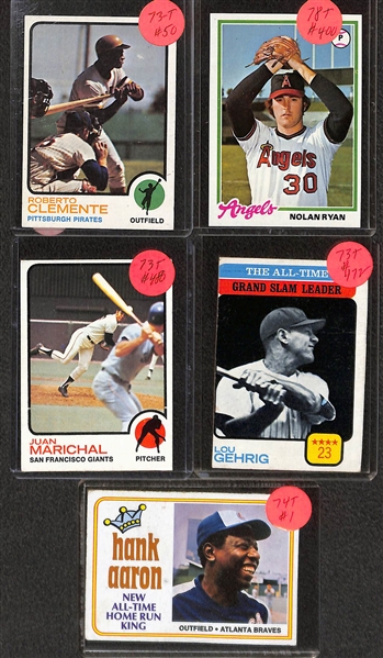 Lot of (65+) 1970s Topps Baseball Cards w. Pete Rose, Willie Mays, Carlton Fisk, Nolan Ryan, Roberto Clemente, and Many More