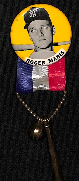 Rare Original 1960s Roger Maris New York Yankees PM 10 Stadium Pin Pinback (w. Ribbon, Ball, and Bat) PM10