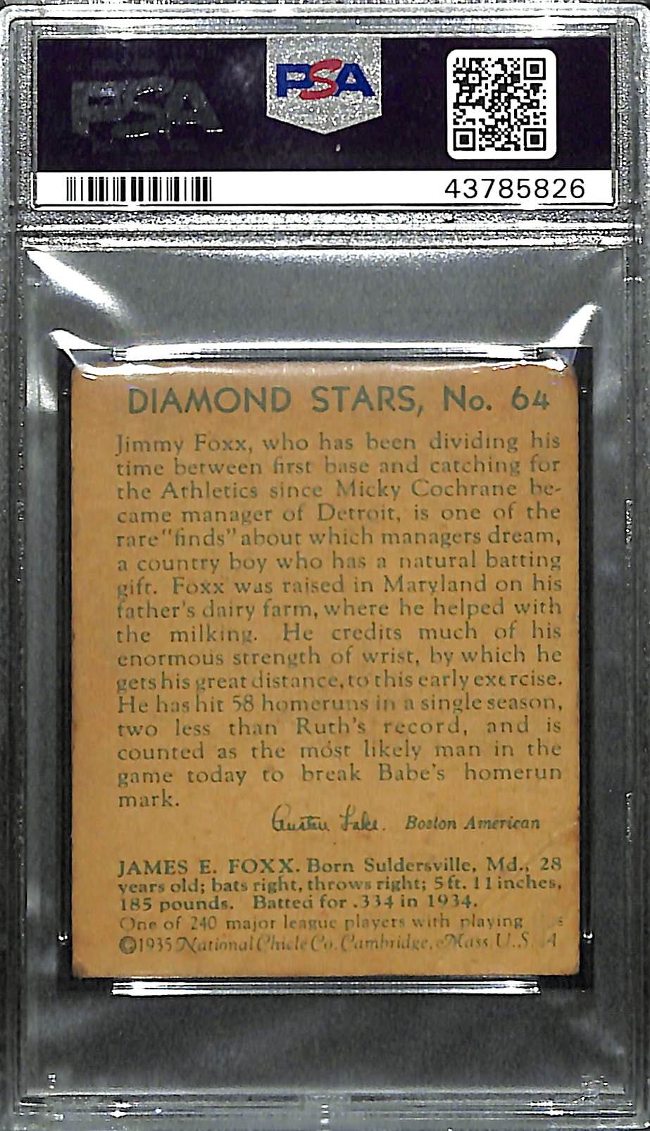 Lot Detail - 1935 Diamond Stars Jimmie Foxx (HOF) Graded PSA 2