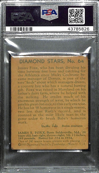 1935 Diamond Stars Jimmie Foxx (HOF) Graded PSA 2