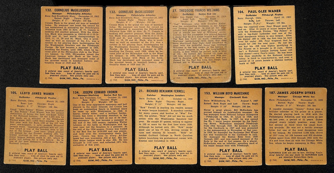 Lot of (50) 1940 Play Ball Baseball Cards w. (2) Connie Mack  Cards & Ted Williams (creases)