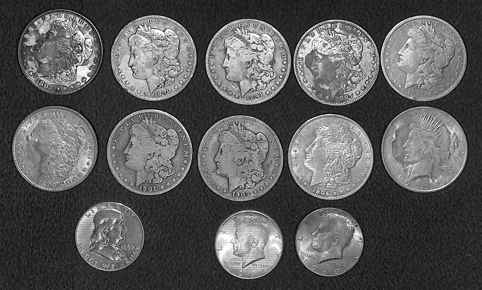 Lot of (13) Mixed Coin Lot - (9) Morgans, (1) 1922 Peace, (1) 1959 Franklin Half, (2) 1964 & 1969 Kennedy Half 
